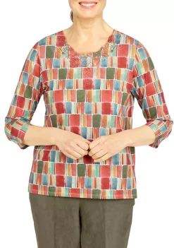Cheap 😀 Alfred Dunner 👩 Women's Geometric Box Print Top 🔔 -Alfred Dunner Sales Belk 1638
