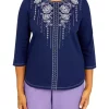 Best deal ⭐ Alfred Dunner 👩 Women's Picture Perfect Beaded Scoop Neck 3/4 Sleeve Top ✨ -Alfred Dunner Sales Belk 1653