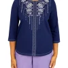 Cheapest ⭐ Alfred Dunner Plus Size Picture Perfect Beaded Split Neck 3/4 Sleeve Top 🧨 -Alfred Dunner Sales Belk 1666