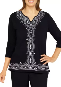 Hot Sale π― Alfred Dunner Petite Theater Distric Split Neck 3/4 Sleeve Knit Top π