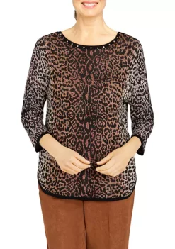Outlet 😍 Alfred Dunner 👩 Women's Animal Jacquard 3/4 Sleeve Sweater ⭐ -Alfred Dunner Sales Belk 1710