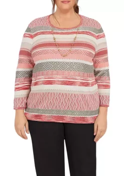 Best Sale 🤩 Alfred Dunner Plus Size Copper Canyon Three-Quarter Sleeve Striped Sweater With Removable Necklace 🎁 -Alfred Dunner Sales Belk 1752