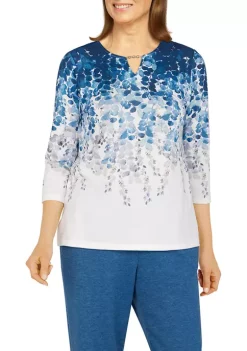 Promo ✔️ Alfred Dunner 👩 Women's Floral Park Split Neck 3/4 Sleeve Ombré Leaf Print Top 👏 -Alfred Dunner Sales Belk 177