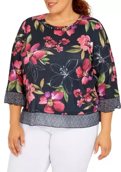 Outlet 🧨 Alfred Dunner Plus Size Theater District Crew Neck Three-Quarter Flutter Sleeve Mixed Print Top 🔔 -Alfred Dunner Sales Belk 1801