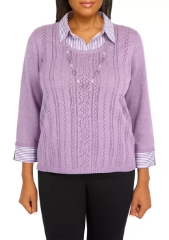 New π€© Alfred Dunner Petite Picture Perfect Pointelle Solid Stripe Woven Trim Sweater π₯°