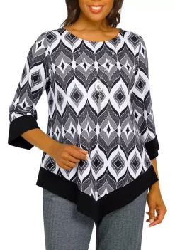 Deals 🔥 Alfred Dunner Petite Empire State Texture Crew Neck Bell Sleeve Geo-Print Top With Removable Necklace ✨ -Alfred Dunner Sales Belk 1817