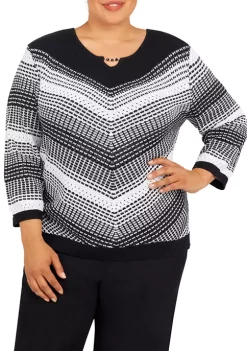 Best reviews of 🔥 Alfred Dunner Plus Size Empire State Texture Split Neck 3/4 Sleeve Sweater 🤩 -Alfred Dunner Sales Belk 1820
