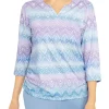 Hot Sale 🤩 Alfred Dunner 👩 Women's Victoria Falls Split Neck 👚 Shirttail Hem 3/4 Sleeve Print Top 💯 -Alfred Dunner Sales Belk 1824