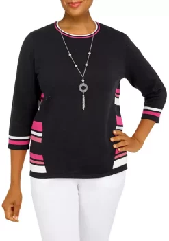 Coupon ❤️ Alfred Dunner 👩 Women's Theater District Crewneck Spliced Stripe Sweater With Detachable Necklace 🥰