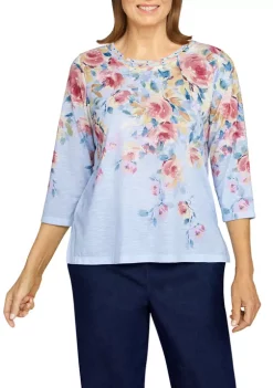 Coupon ⭐ Alfred Dunner Petite Shenandoah Valley Crew Neck Floral Print Top ⌛ -Alfred Dunner Sales Belk 1841