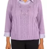 Best Pirce ⭐ Alfred Dunner 👩 Women's Picture Perfect Pointelle Solid Stripe Woven Trim Sweater 👍 -Alfred Dunner Sales Belk 1851