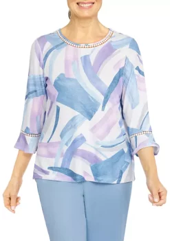 Coupon ❤️ Alfred Dunner 👩 Women's Victoria Falls Crew Neck Three-Quarter Bell Sleeve Print Top ✨