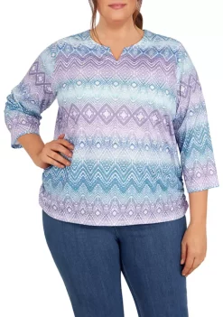 Cheapest 😀 Alfred Dunner Plus Size Victoria Falls Split Neck 👚 Shirttail Hem 3/4 Sleeve Print Top 🥰 -Alfred Dunner Sales Belk 1884