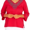 Brand new ✔️ Alfred Dunner 👩 Women's Checking In Embroidered V-Neck 3/4 Sleeve Top ❤️ -Alfred Dunner Sales Belk 1912
