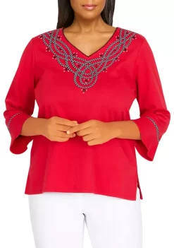 Brand new ✔️ Alfred Dunner 👩 Women's Checking In Embroidered V-Neck 3/4 Sleeve Top ❤️ -Alfred Dunner Sales Belk 1914
