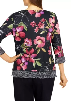 Hot Sale 🌟 Alfred Dunner Petite Theater District Crew Neck 3/4 Sleeve Flutter Sleeve Top 😀 -Alfred Dunner Sales Belk 1919