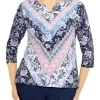 Cheap ⭐ Alfred Dunner Petite Shenandoah Valley Split Neckline 3/4 Sleeve Print Top 🤩 -Alfred Dunner Sales Belk 1924