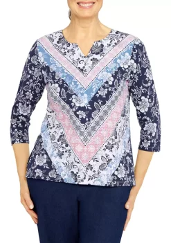Cheap ⭐ Alfred Dunner Petite Shenandoah Valley Split Neckline 3/4 Sleeve Print Top 🤩
