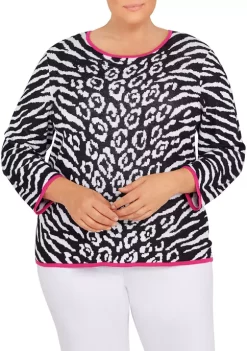 Cheap 🎁 Alfred Dunner Plus Size Theater District Crew Neck 3/4 Sleeve Animal Jacquard Sweater 🌟 -Alfred Dunner Sales Belk 1935