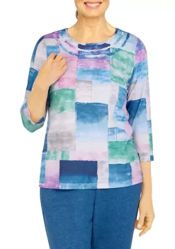 Wholesale ✨ Alfred Dunner Petite Floral Park Crew Neck 3/4 Sleeve Watercolor Print Top 🤩 -Alfred Dunner Sales Belk 1946