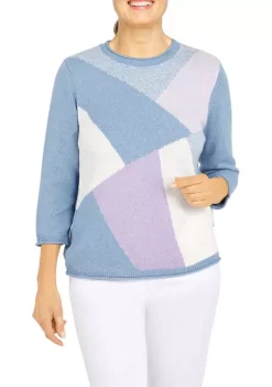 Deals 👏 Alfred Dunner Petite Victoria Falls Crew Neck 3/4 Sleeve Color Block Sweater ✨ -Alfred Dunner Sales Belk 1981
