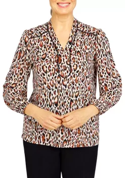Promo 🛒 Alfred Dunner Petite Madagascar Leopard Print Split Neck 3/4 Sleeve 👕 Shirt ❤️
