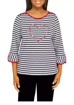 Flash Sale ⌛ Alfred Dunner 👩 Women's Checking In Embroidered Heart Striped Top ⌛