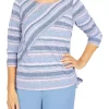 Cheap 🌟 Alfred Dunner 👩 Women's Shenandoah Valley Spliced Crew Neck 3/4 Sleeve Fine Line Stripe Print Top 💯 -Alfred Dunner Sales Belk 2014