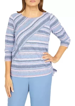 Cheap 🌟 Alfred Dunner 👩 Women's Shenandoah Valley Spliced Crew Neck 3/4 Sleeve Fine Line Stripe Print Top 💯