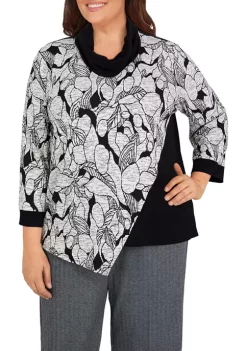 Promo ❤️ Alfred Dunner Plus Size Empire State Texture Spliced Asymmetrical Hemline Cowl Neck Top 👍
