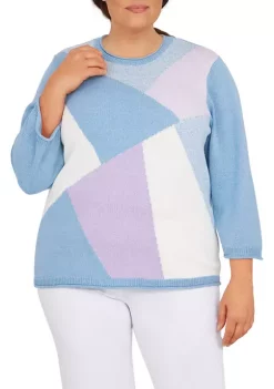 Best Pirce ✔️ Alfred Dunner Plus Size Victoria Falls Crew Neck 3/4 Sleeve Color Block Sweater 🎉 -Alfred Dunner Sales Belk 2023
