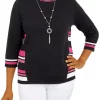 Best Sale 🤩 Alfred Dunner Petite Theater District Crew Neck Spliced Stripe Sweater with Removable Necklace 👍 -Alfred Dunner Sales Belk 2024