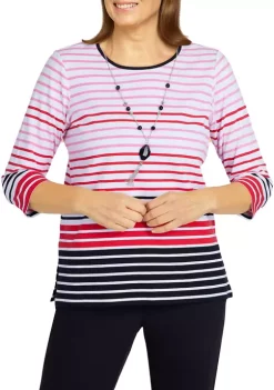 Budget ⌛ Alfred Dunner 👩 Women's Checking In Border Stripe Top With Necklace 🎉 -Alfred Dunner Sales Belk 2029