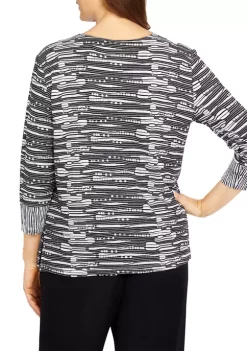 Coupon 😉 Alfred Dunner 👩 Women's Theater District Split Neck 3/4 Sleeves Spliced Texture Top 👏 -Alfred Dunner Sales Belk 2031
