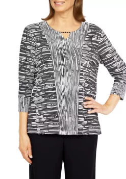 Coupon 😉 Alfred Dunner 👩 Women's Theater District Split Neck 3/4 Sleeves Spliced Texture Top 👏 -Alfred Dunner Sales Belk 2033