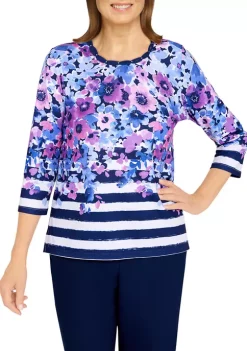 Budget 💯 Alfred Dunner Plus Size Picture Perfect Flowers and Stripes Knit Top 👏