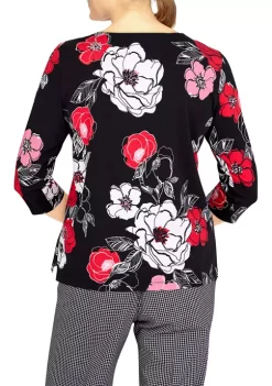 Cheap 🔔 Alfred Dunner 👩 Women's Checking In Floral Print 3/4 Sleeve Top 🎁 -Alfred Dunner Sales Belk 2047