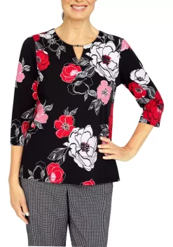 Cheap 🔔 Alfred Dunner 👩 Women's Checking In Floral Print 3/4 Sleeve Top 🎁 -Alfred Dunner Sales Belk 2049