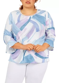 Promo 😍 Alfred Dunner Plus Size Victoria Falls Crew Neck Three-Quarter Bell Sleeve Print Top 💯 -Alfred Dunner Sales Belk 2060