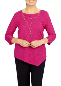 Top 10 ⌛ Alfred Dunner 👩 Women's Theater District Solid Texture Asymmetrical Hem Top With Removable Necklace ⌛