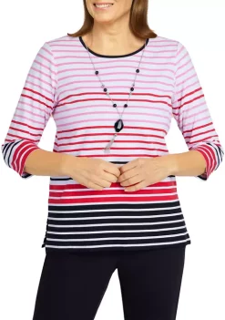 Cheapest ⭐ Alfred Dunner Petite Checking In Border Stripe Top with Removable Necklace 😀