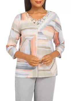 Flash Sale π― Alfred Dunner Petite Stonehenge Lace Crew Neck 3/4 Sleeves Stripe Print Top π―