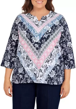 Best deal 🎉 Alfred Dunner Plus Size Shenandoah Valley Split Neckline 3/4 Sleeve Print Top ⭐