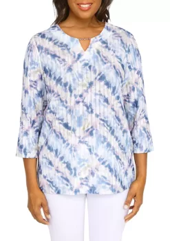 Hot Sale 😀 Alfred Dunner Petite Shenandoah Valley Tie Dye Crew Neck 3/4 Sleeve Print Top 🎁 -Alfred Dunner Sales Belk 2141