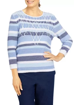 Cheap 😀 Alfred Dunner Petite Shenandoah Valley Crew Neck 3/4 Sleeve Stripe Sweater ✨ -Alfred Dunner Sales Belk 2144