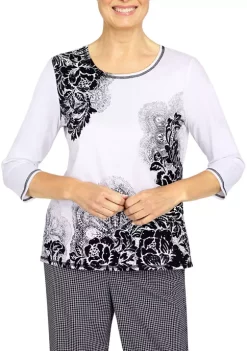 Coupon 🎁 Alfred Dunner 👩 Women's Checking In Black And White Floral Soft Knit Top 🎁 -Alfred Dunner Sales Belk 2158