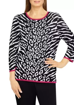 Cheapest π₯° Alfred Dunner Petite Theater District Crew Neck 3/4 Sleeve Animal Jacquard Sweater π₯