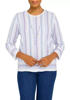Hot Sale 🧨 Alfred Dunner Petite Victoria Falls Crew Neck Three-Quarter Bell Sleeve Stripe Sweater With Removable Necklace ✔️ -Alfred Dunner Sales Belk 2188