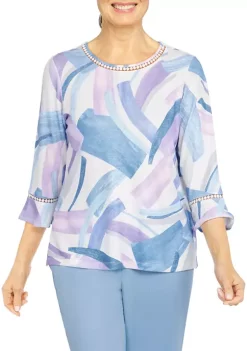 Budget 🌟 Alfred Dunner Petite Victoria Falls Crew Neck Three-Quarter Bell Sleeve Print Top ⭐ -Alfred Dunner Sales Belk 2202