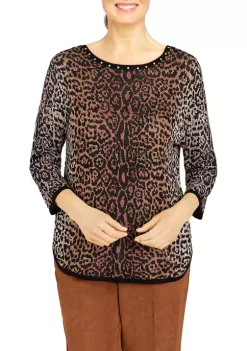 Budget β Alfred Dunner Petite Madacascar Animal Jacquard 3/4 Sleeve Sweater β